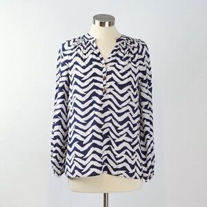 Lilly Pulitzer Elsa Silk Long Sleeve Blouse Navy Bird - Size Small